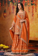 Orange Zardozi Embroidered Banarasi Tissue Silk Gharara Set
