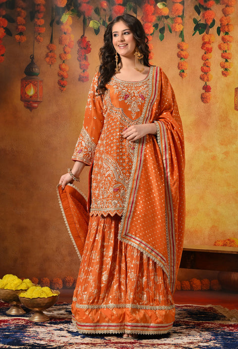 Orange Zardozi Embroidered Banarasi Tissue Silk Gharara Set