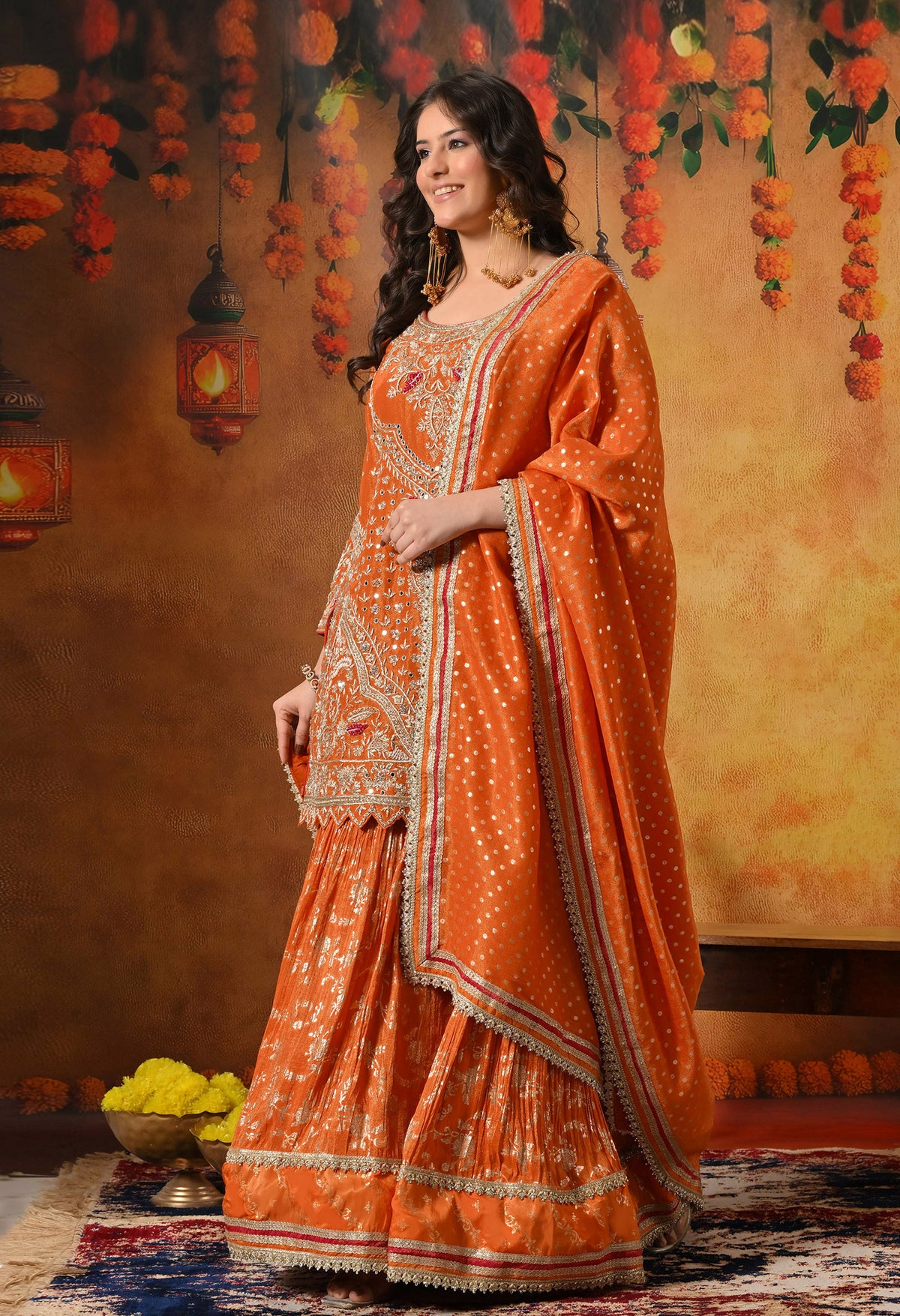Orange Zardozi Embroidered Banarasi Tissue Silk Gharara Set