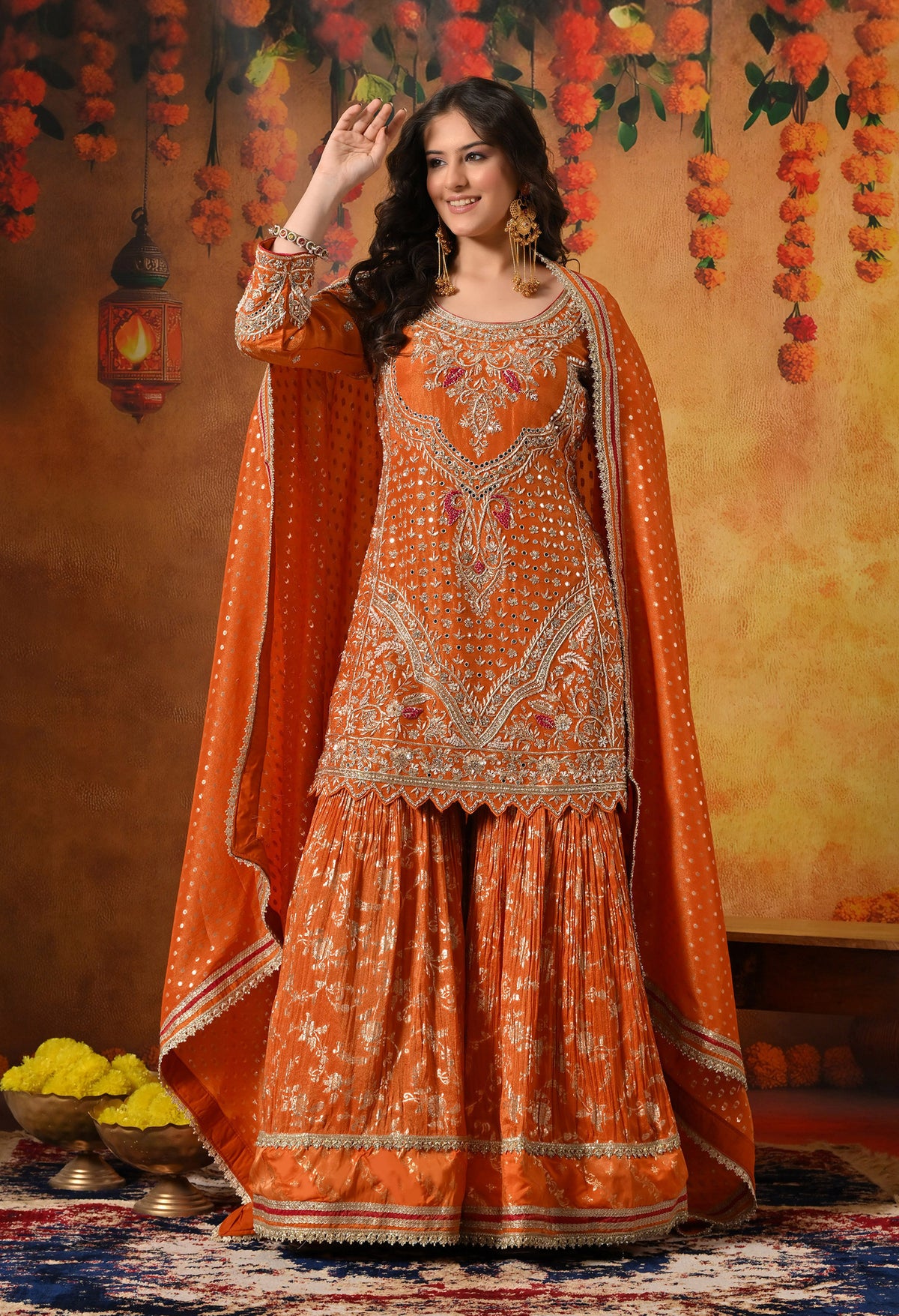 Orange Zardozi Embroidered Banarasi Tissue Silk Gharara Set