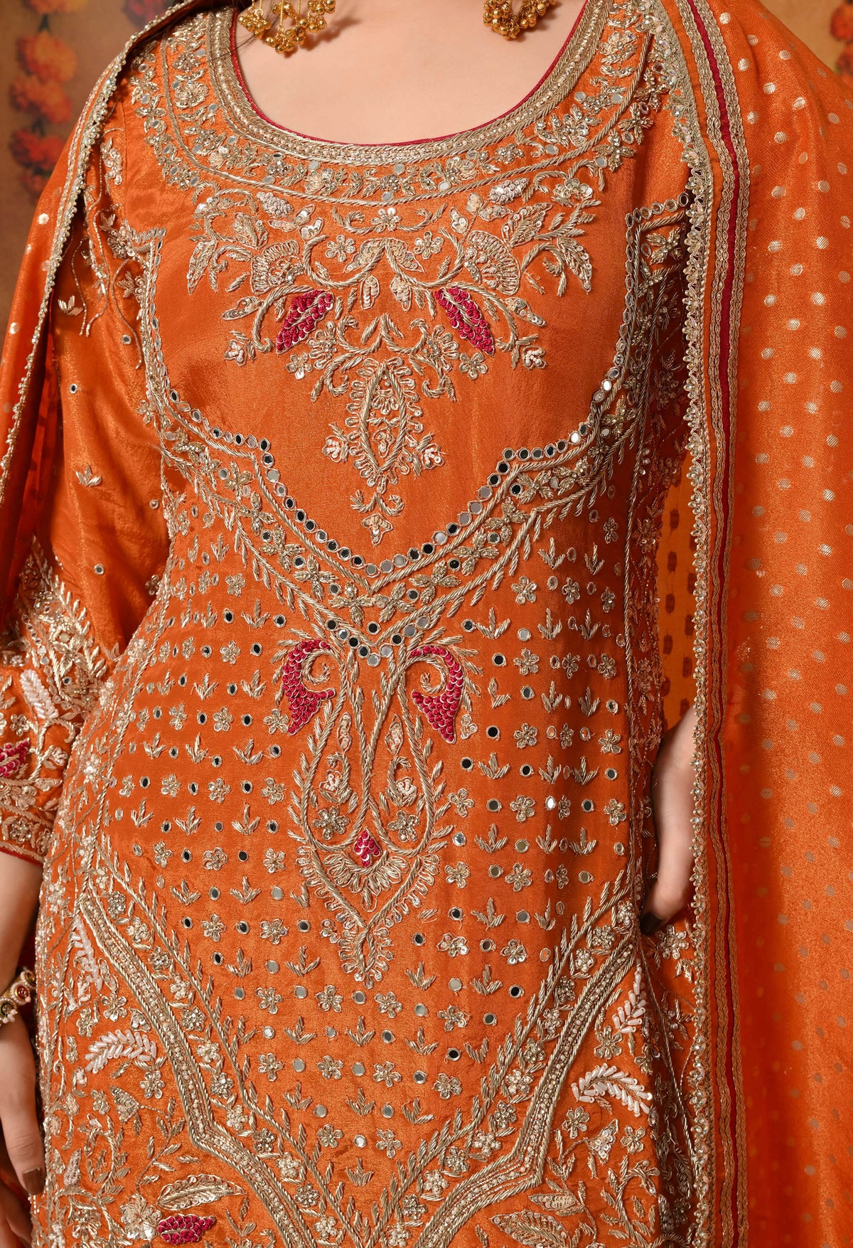 Orange Zardozi Embroidered Banarasi Tissue Silk Gharara Set