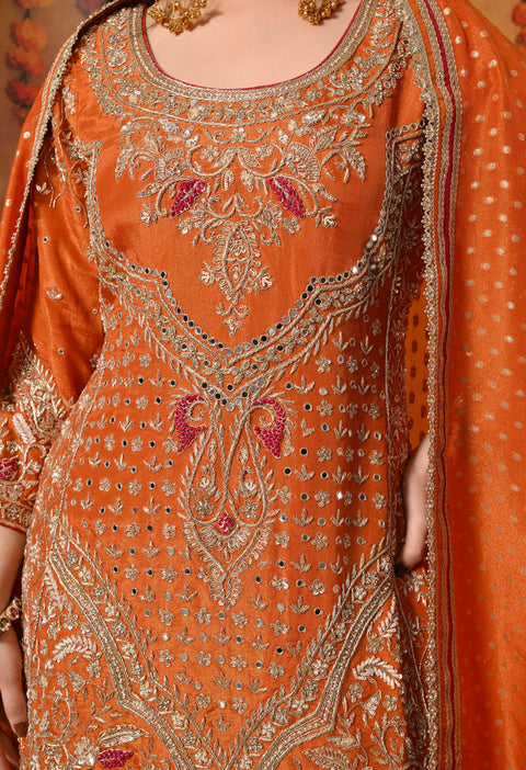 Orange Zardozi Embroidered Banarasi Tissue Silk Gharara Set
