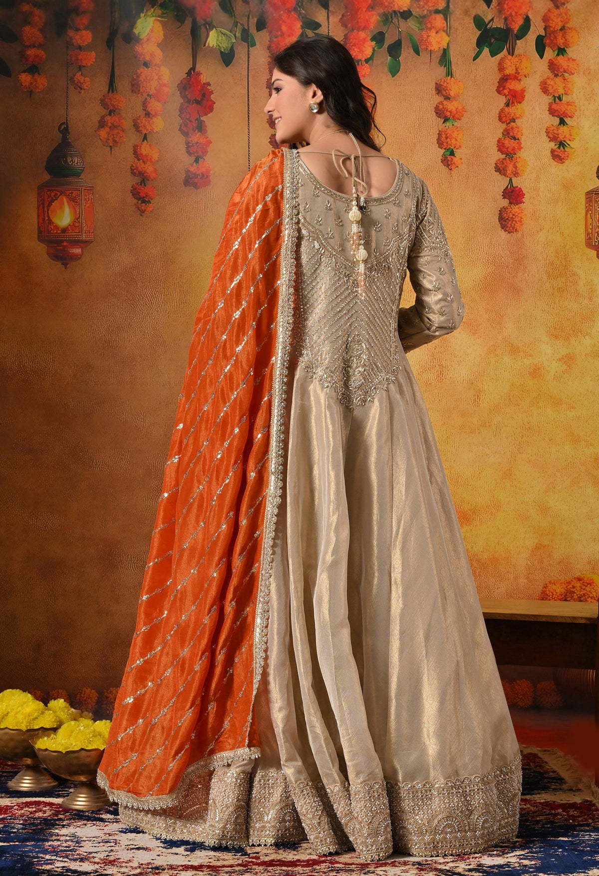 Golden Dabka & Zardozi Embroidered Tissue Organza Anarkali Set