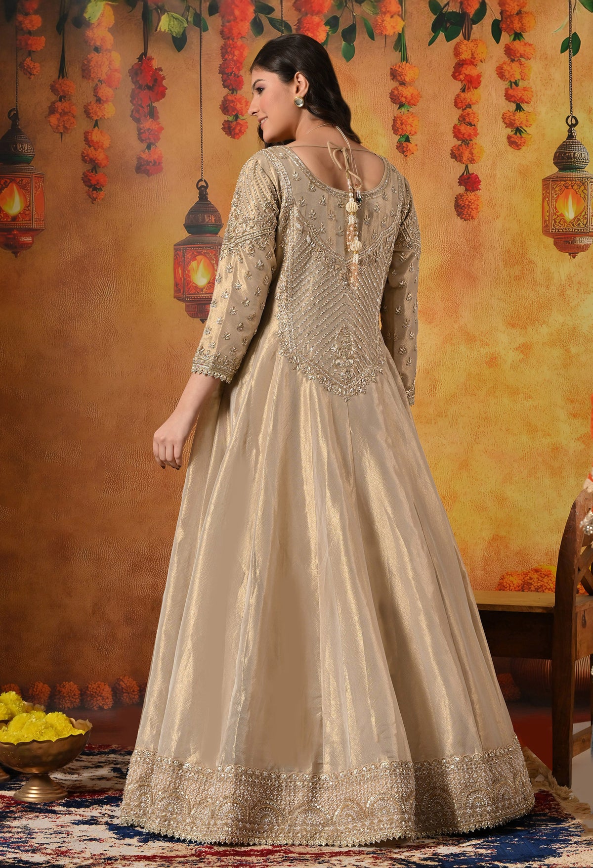 Golden Dabka & Zardozi Embroidered Tissue Organza Anarkali Set