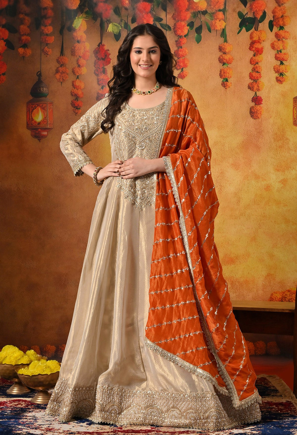 Golden Dabka & Zardozi Embroidered Tissue Organza Anarkali Set
