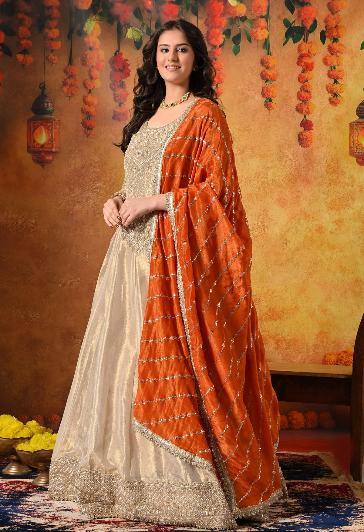 Golden Dabka & Zardozi Embroidered Tissue Organza Anarkali Set