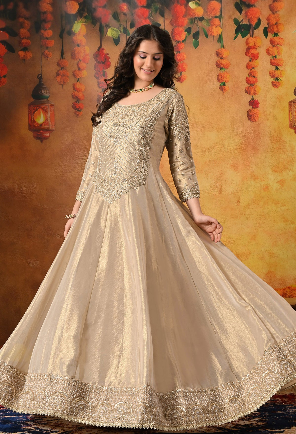Golden Dabka & Zardozi Embroidered Tissue Organza Anarkali Set