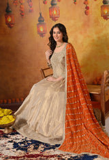 Golden Dabka & Zardozi Embroidered Tissue Organza Anarkali Set