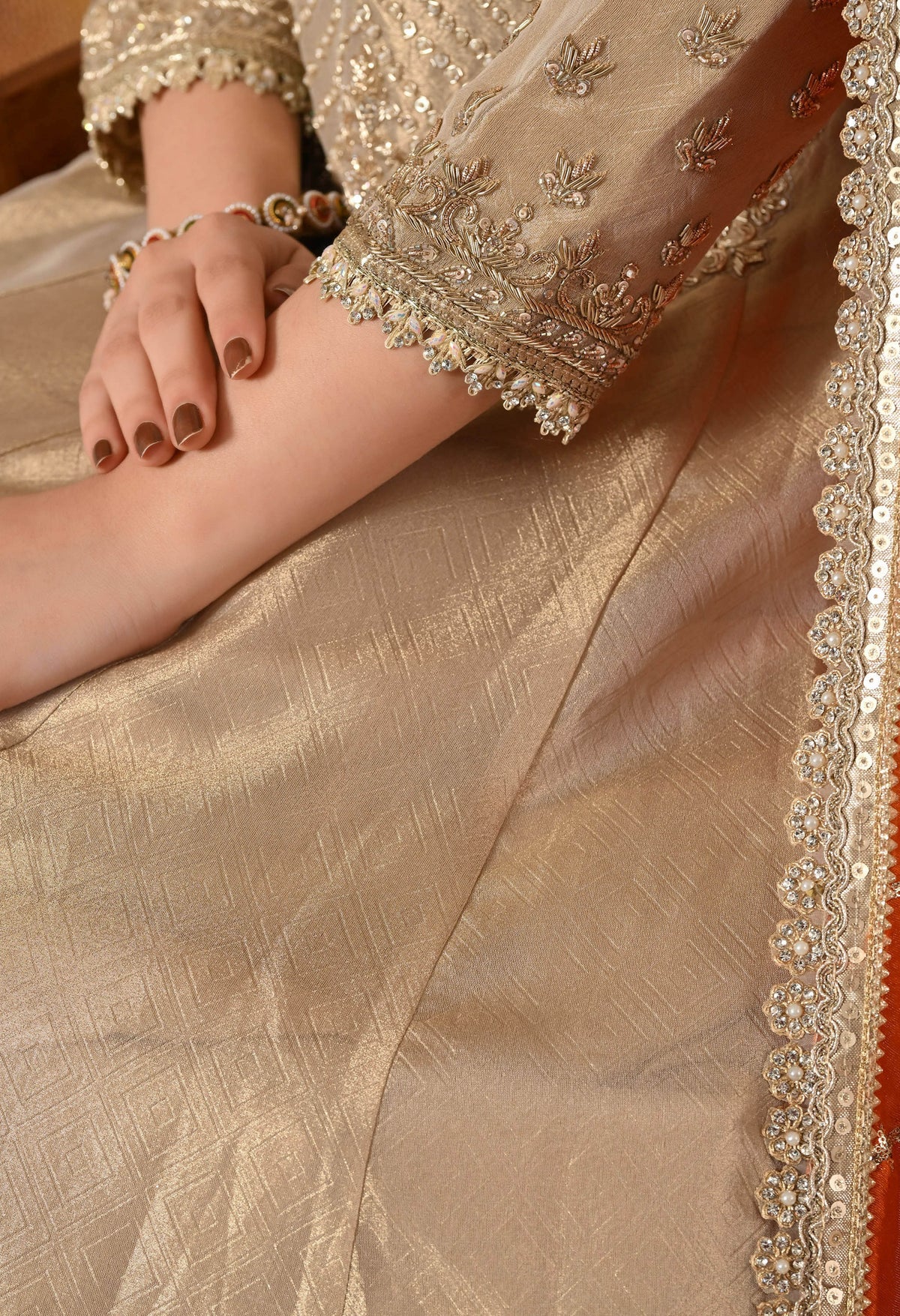Golden Dabka & Zardozi Embroidered Tissue Organza Anarkali Set