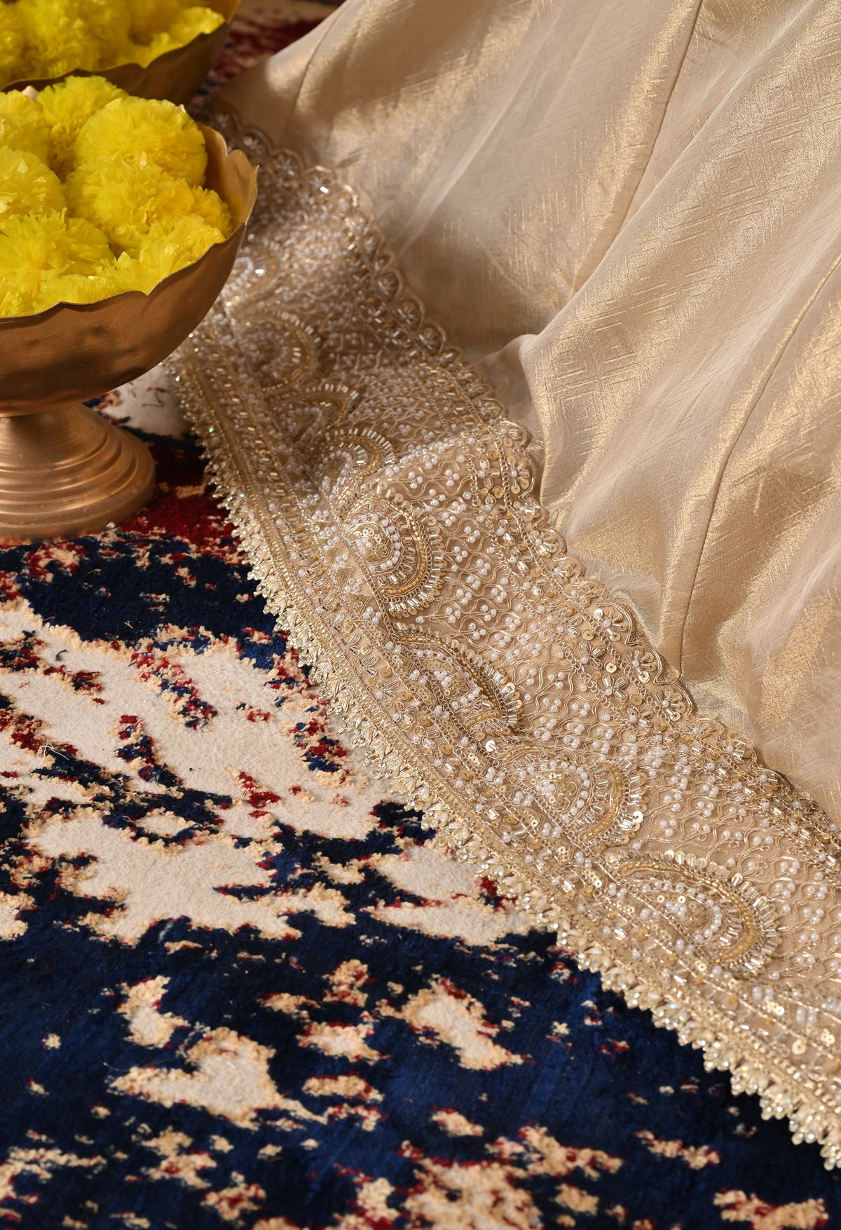 Golden Dabka & Zardozi Embroidered Tissue Organza Anarkali Set