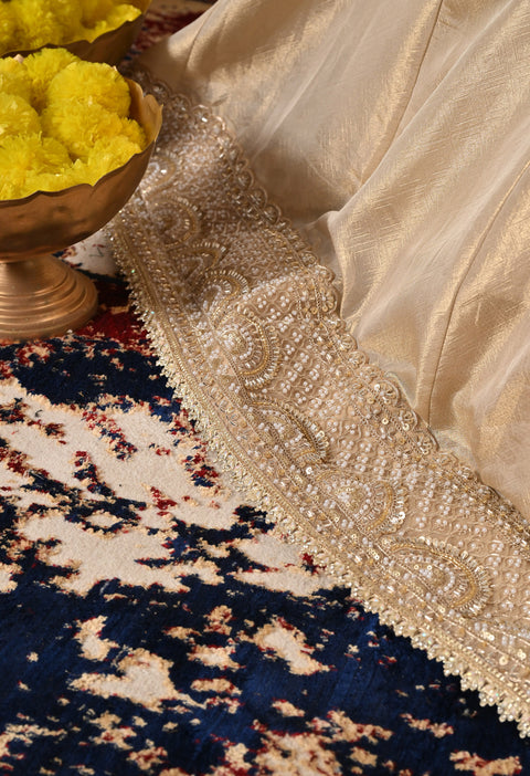 Golden Dabka & Zardozi Embroidered Tissue Organza Anarkali Set