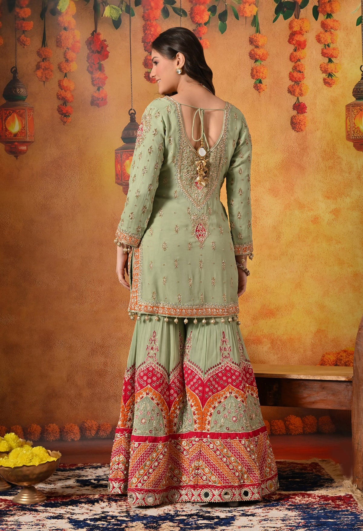 Green Dabka & Zardozi Embroidered Georgette Gharara Set