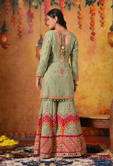 Green Dabka & Zardozi Embroidered Georgette Gharara Set