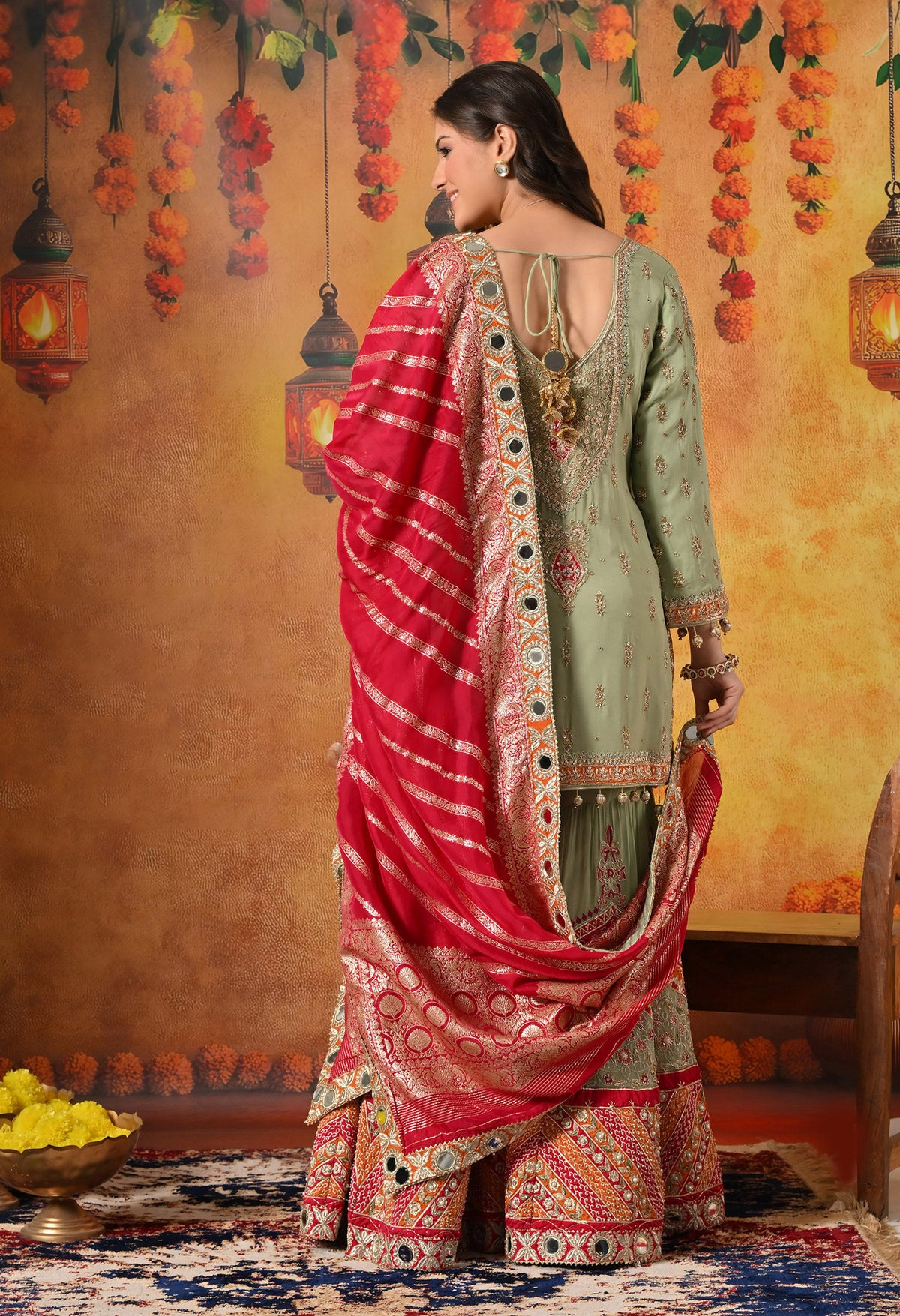 Green Dabka & Zardozi Embroidered Georgette Gharara Set