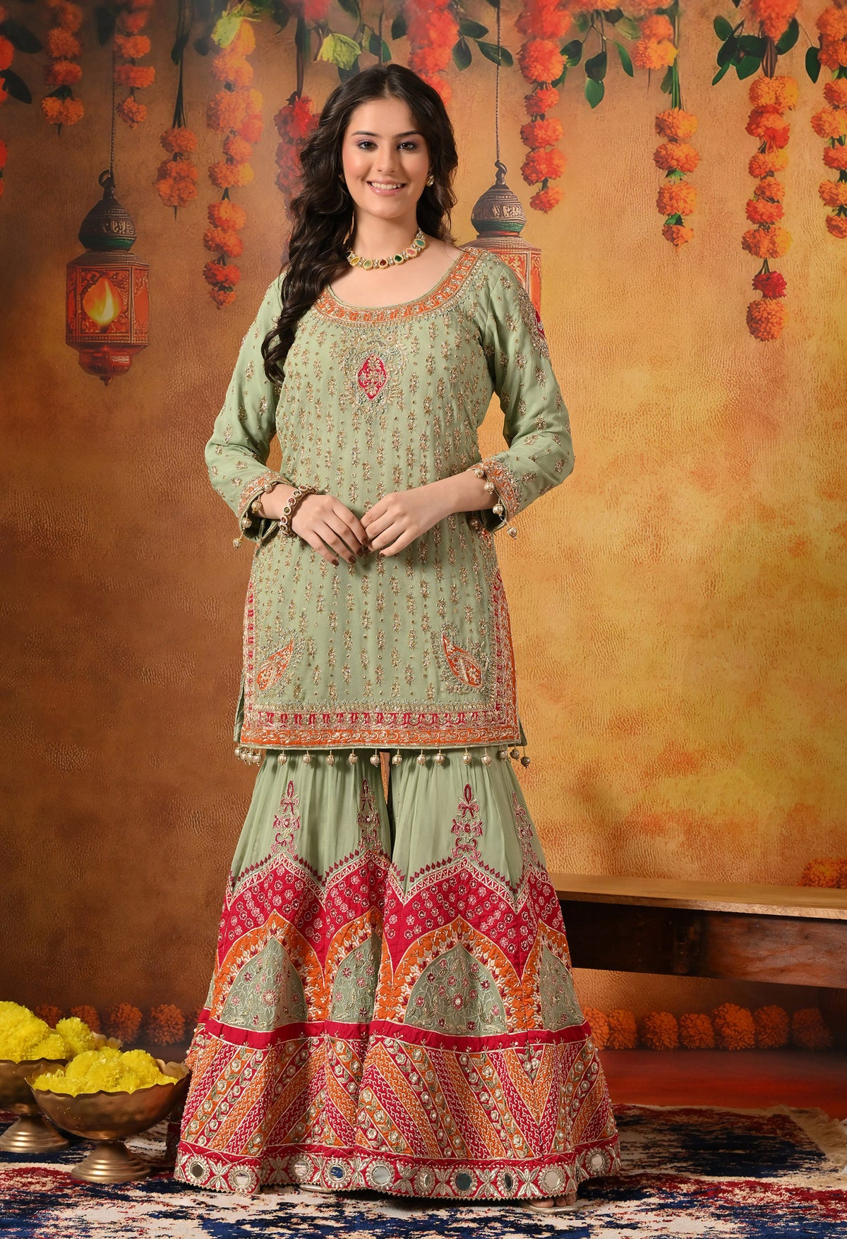 Green Dabka & Zardozi Embroidered Georgette Gharara Set