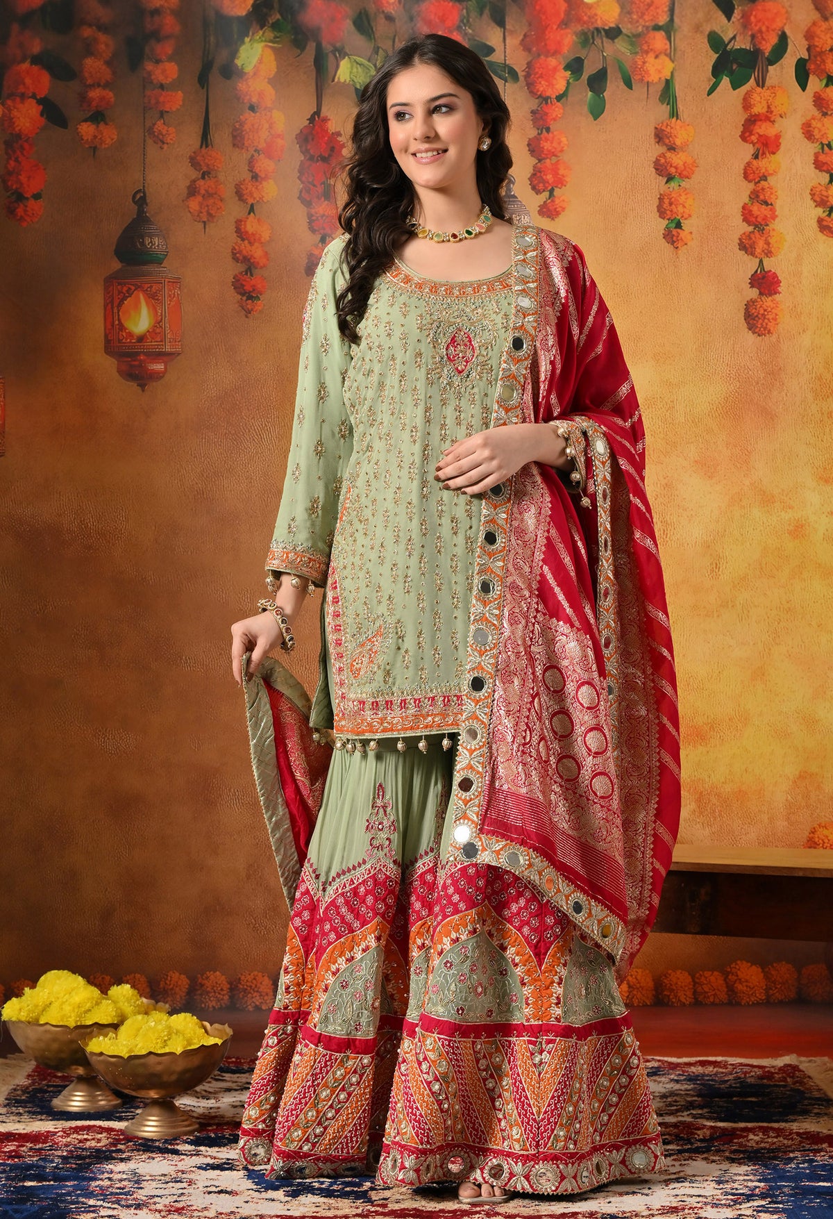 Green Dabka & Zardozi Embroidered Georgette Gharara Set