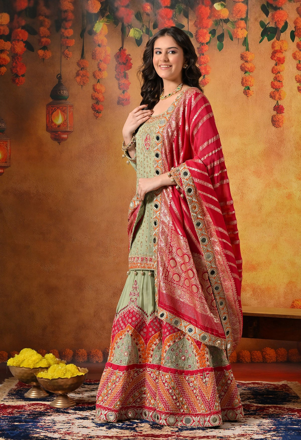 Green Dabka & Zardozi Embroidered Georgette Gharara Set