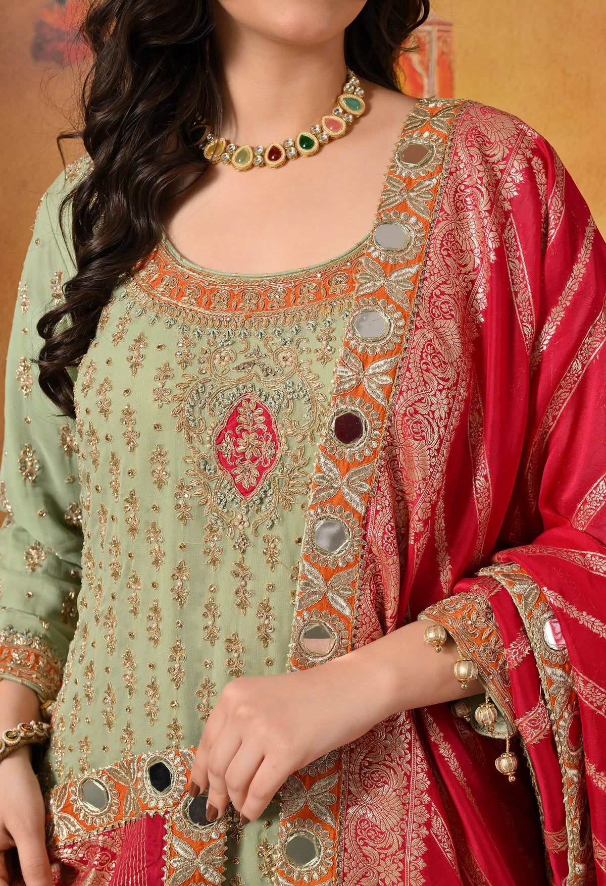 Green Dabka & Zardozi Embroidered Georgette Gharara Set