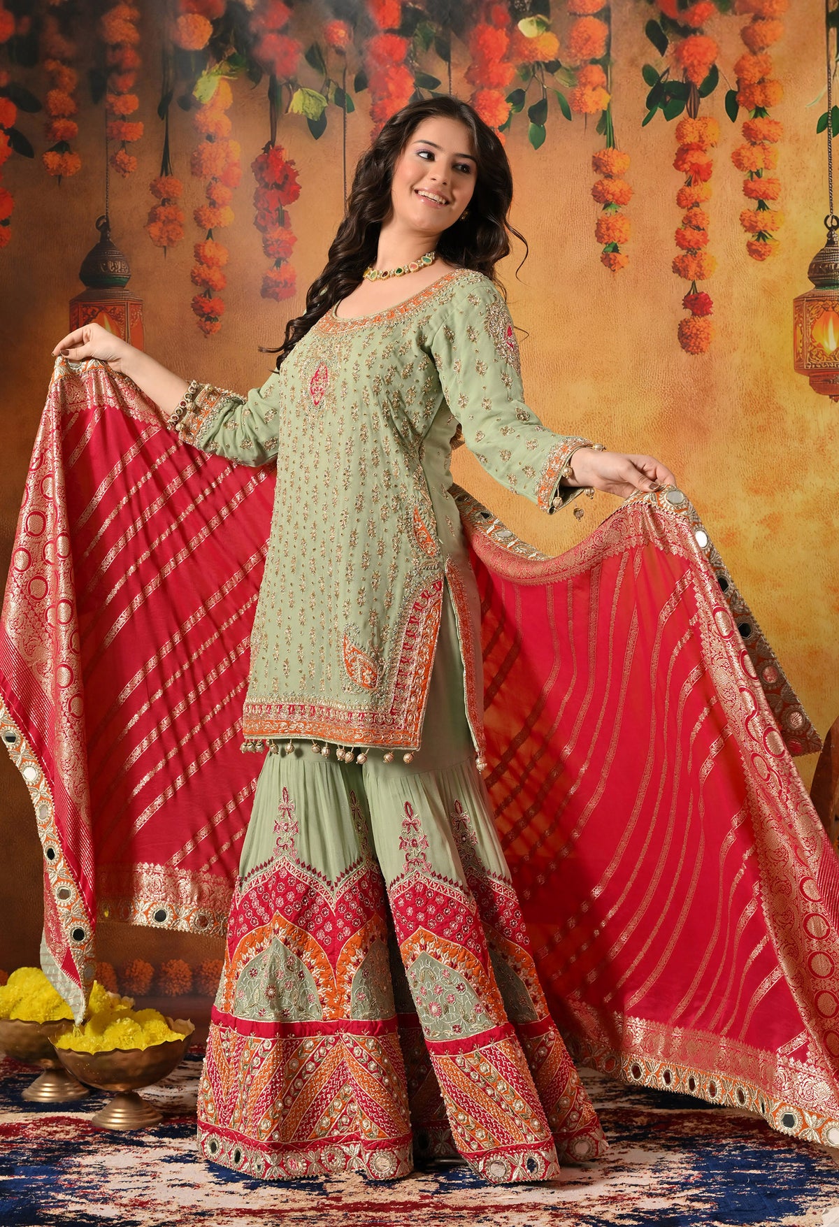 Green Dabka & Zardozi Embroidered Georgette Gharara Set