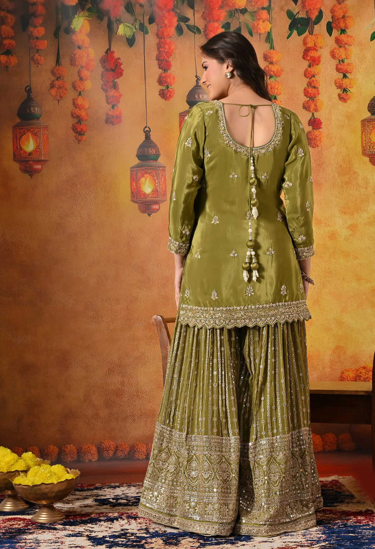 Green Dabka, Pearl & Zardozi Embroidered Gharara Set