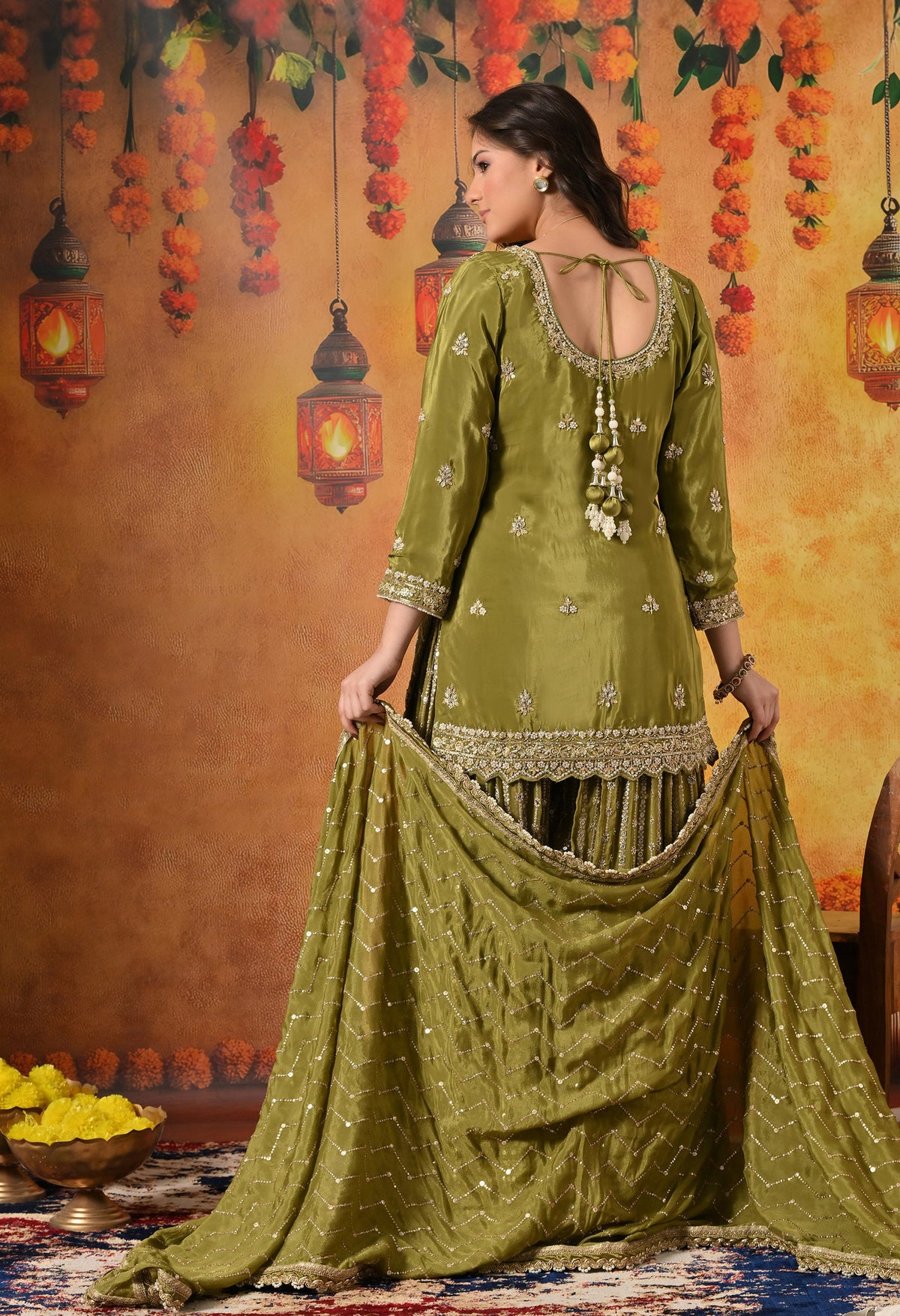 Green Dabka, Pearl & Zardozi Embroidered Gharara Set