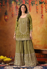 Green Dabka, Pearl & Zardozi Embroidered Gharara Set