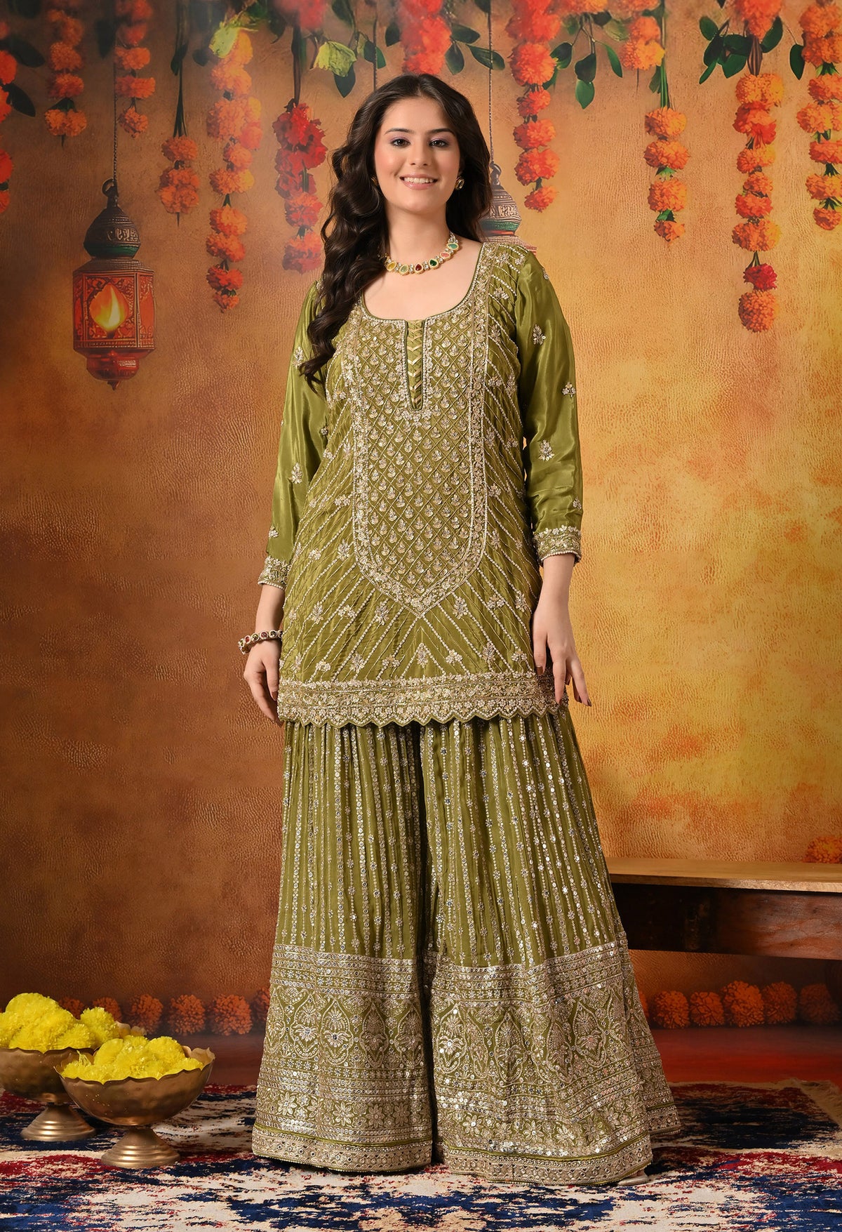 Green Dabka, Pearl & Zardozi Embroidered Gharara Set