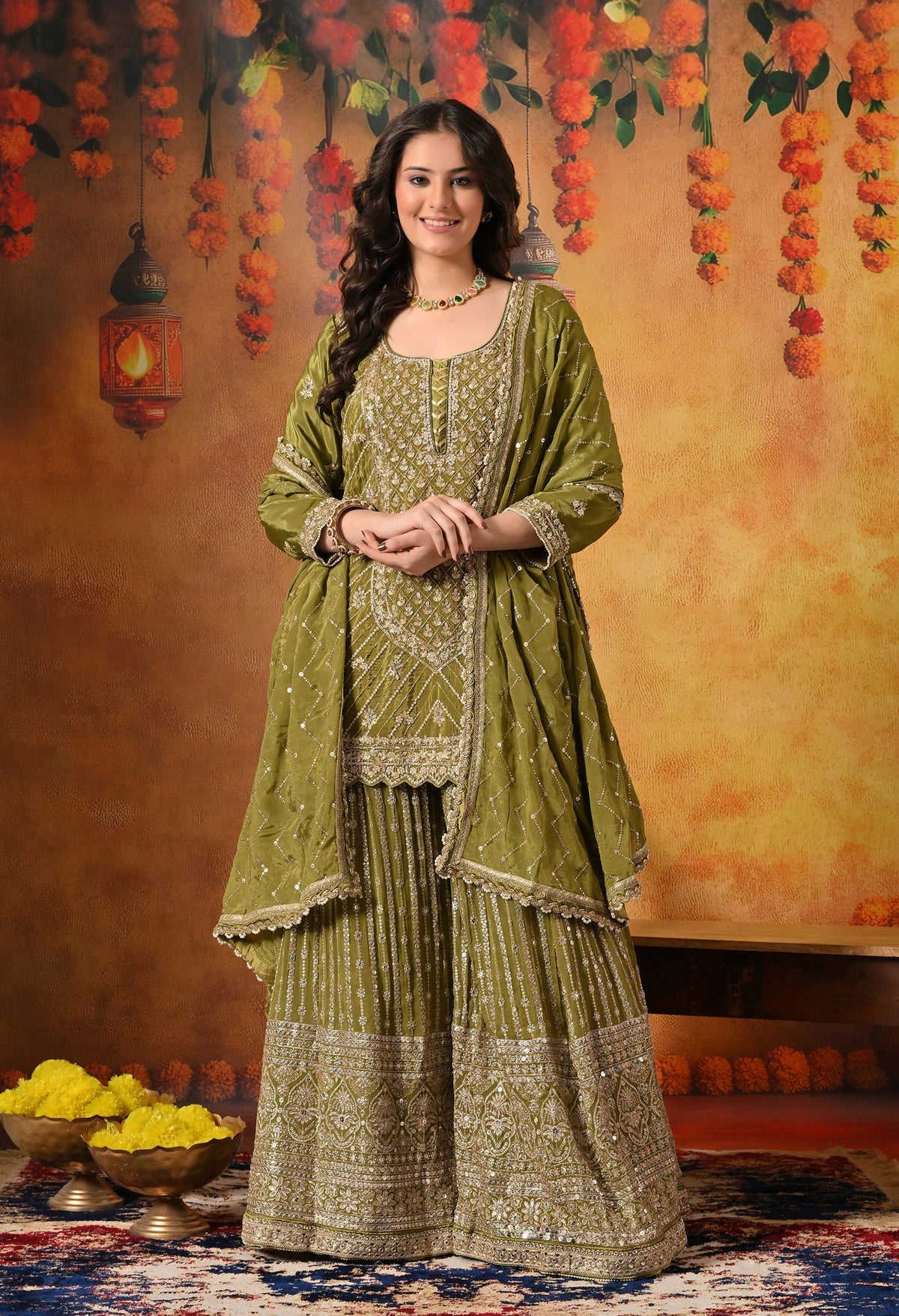 Green Dabka, Pearl & Zardozi Embroidered Gharara Set