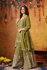 Green Dabka, Pearl & Zardozi Embroidered Gharara Set