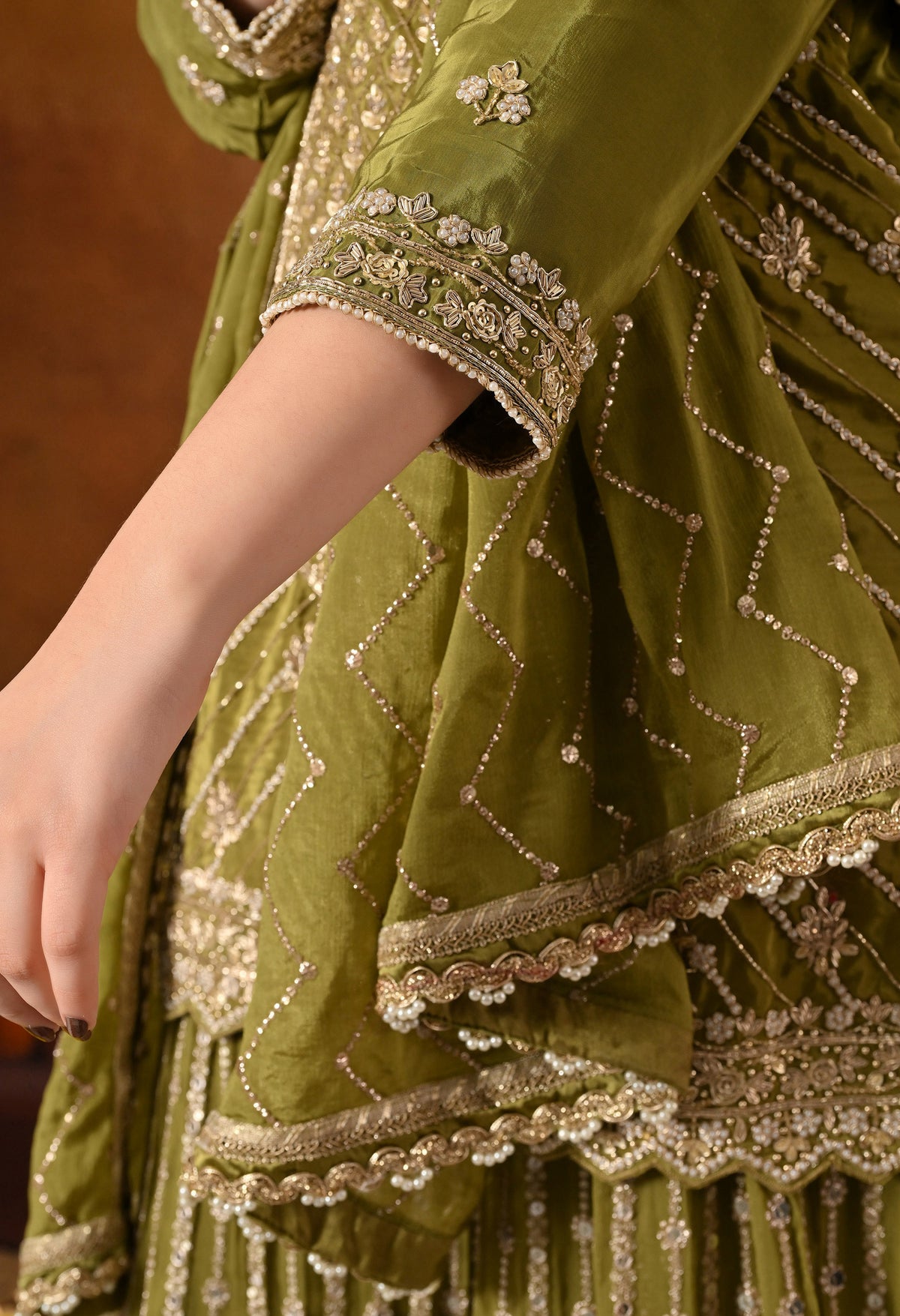 Green Dabka, Pearl & Zardozi Embroidered Gharara Set