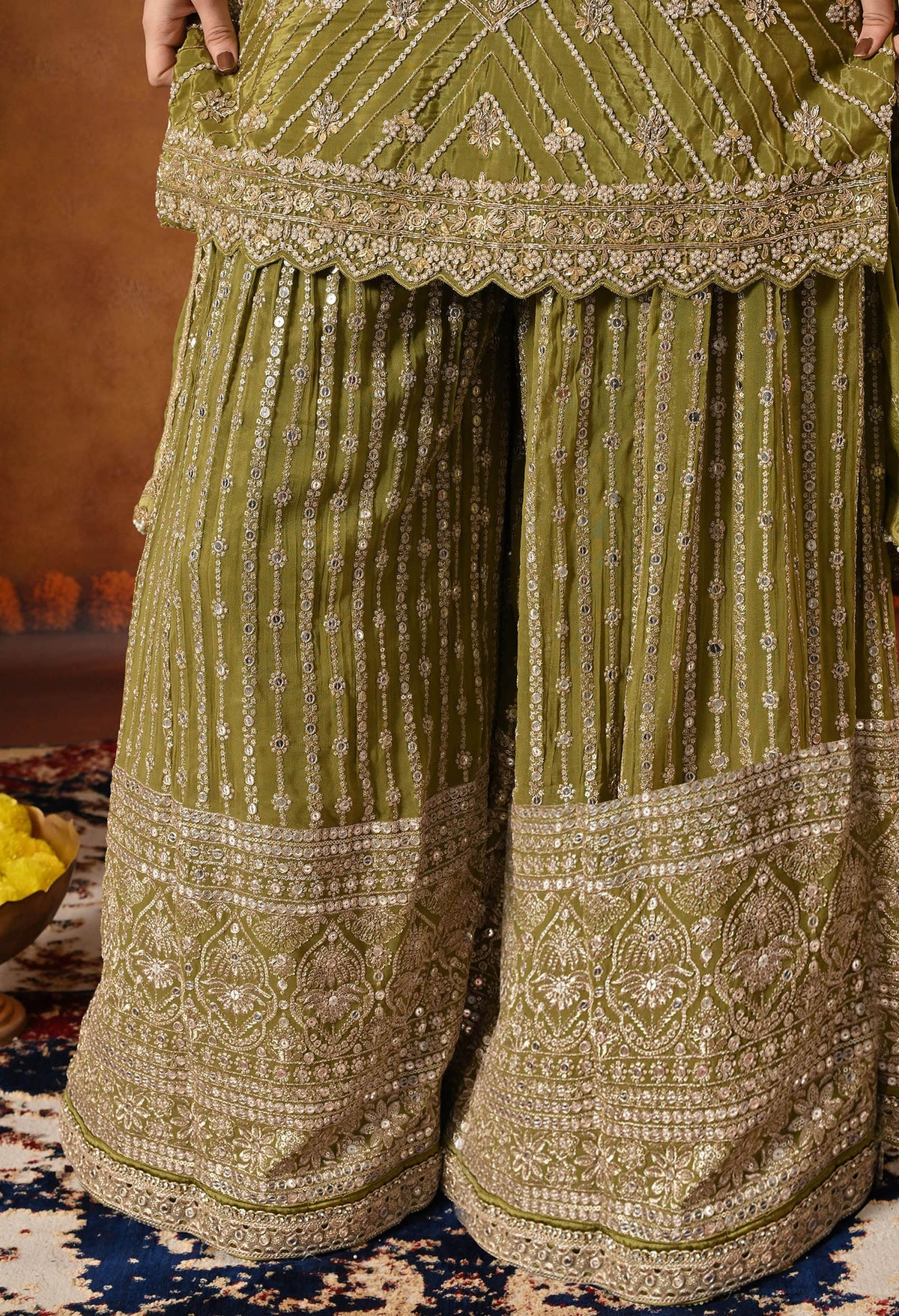 Green Dabka, Pearl & Zardozi Embroidered Gharara Set