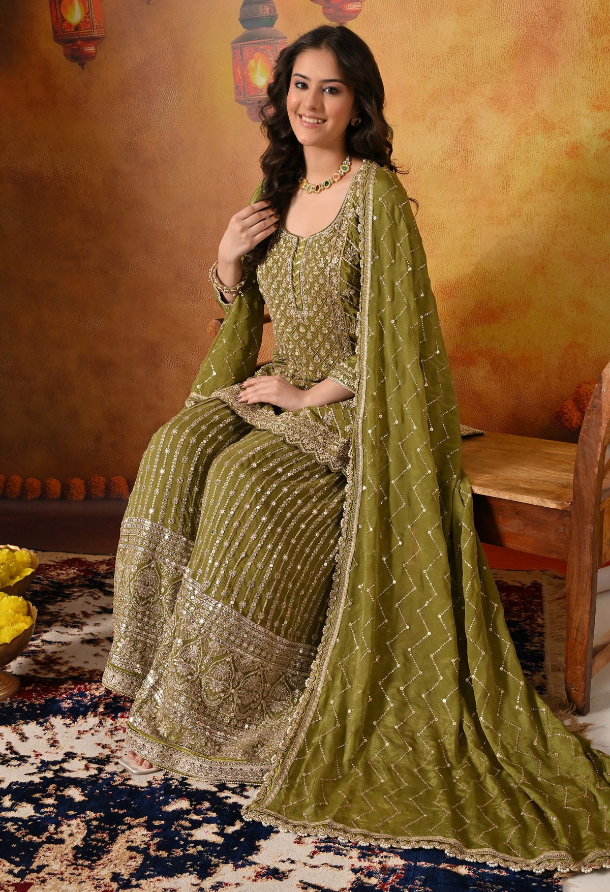 Green Dabka, Pearl & Zardozi Embroidered Gharara Set