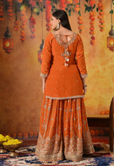 Orange Zardozi, Mirror & Pearl Embellished Gharara Set