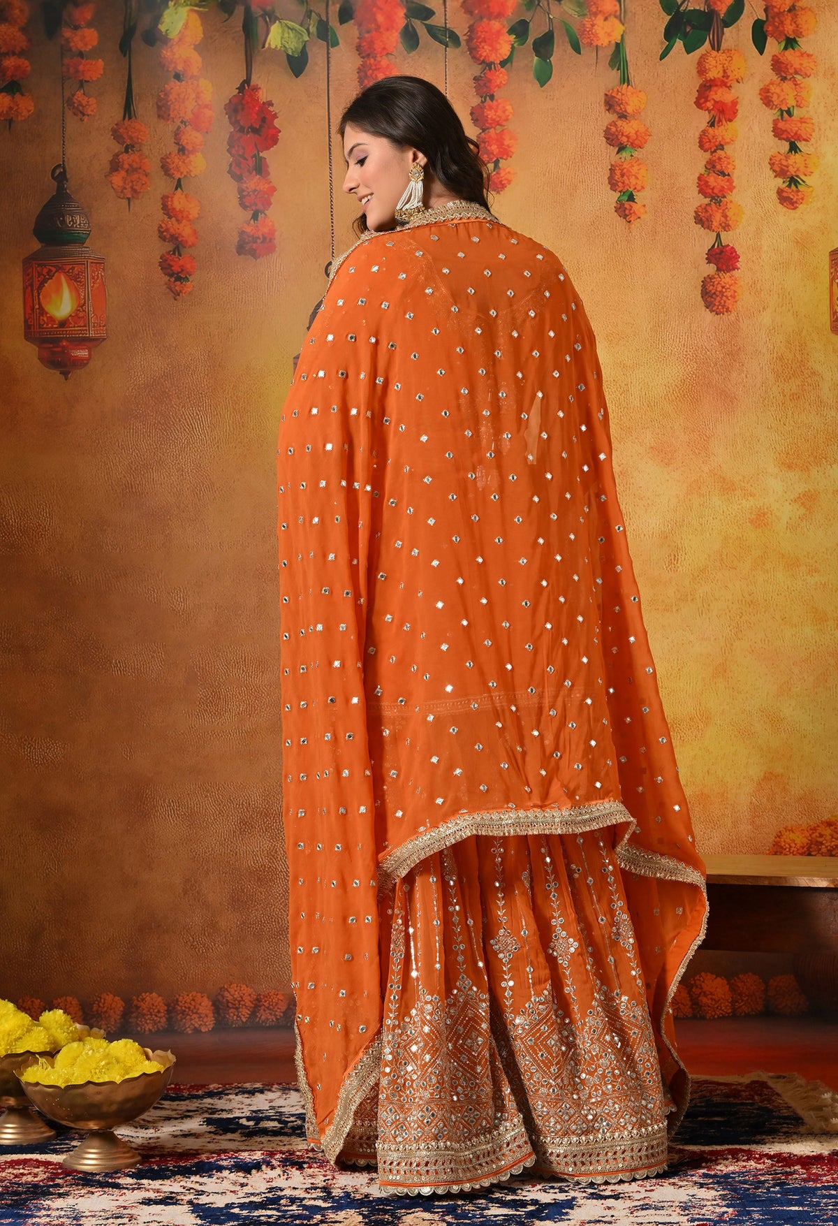 Orange Zardozi, Mirror & Pearl Embellished Gharara Set