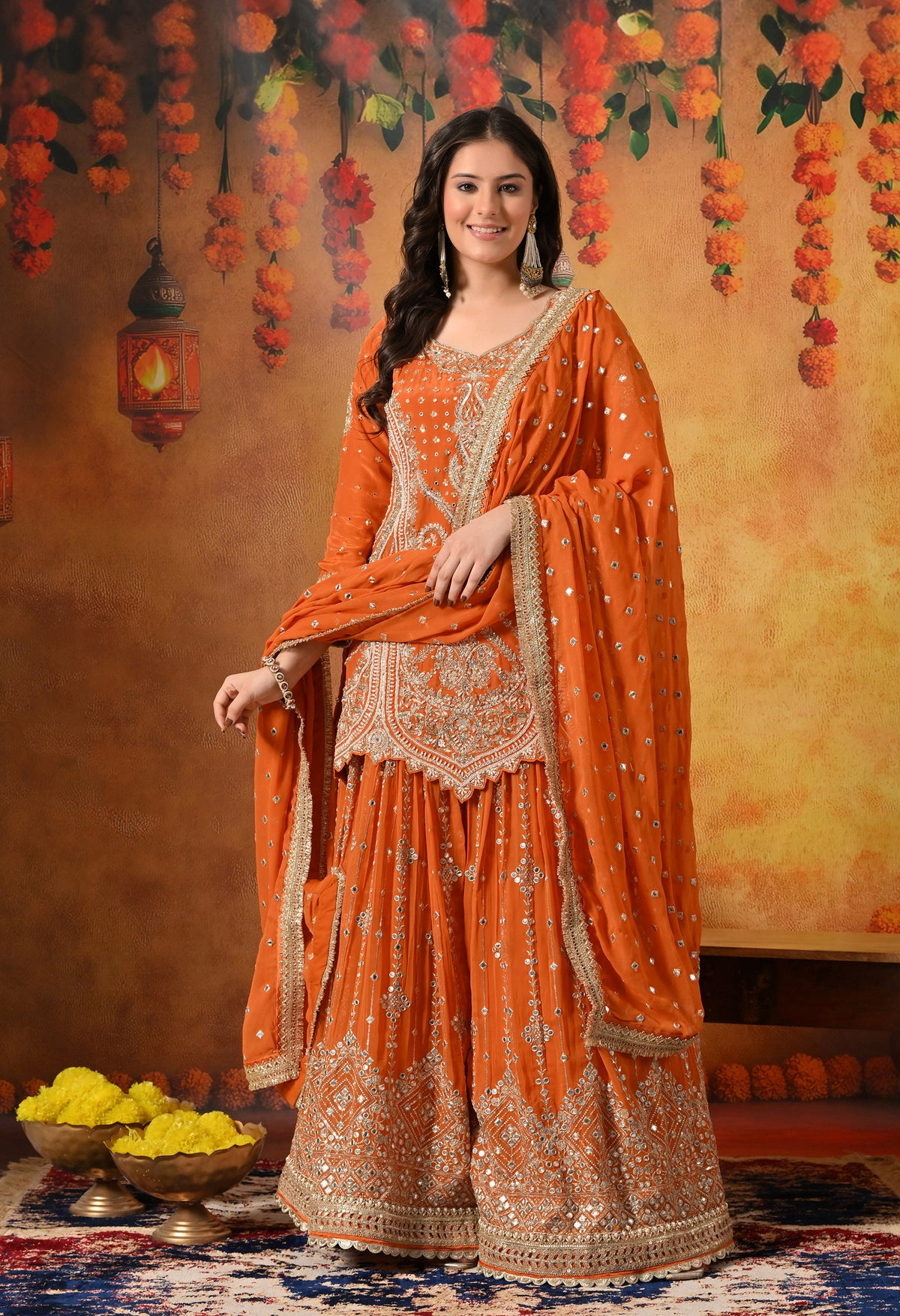 Orange Zardozi, Mirror & Pearl Embellished Gharara Set