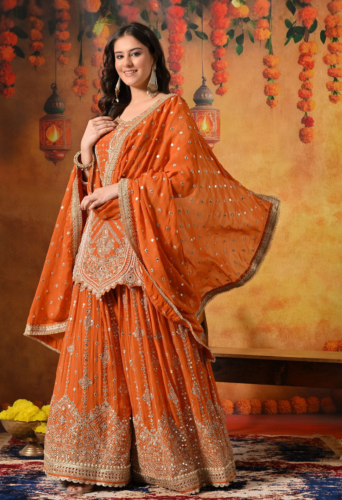 Orange Zardozi, Mirror & Pearl Embellished Gharara Set