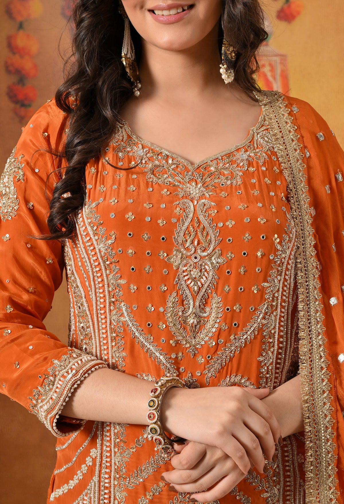 Orange Zardozi, Mirror & Pearl Embellished Gharara Set