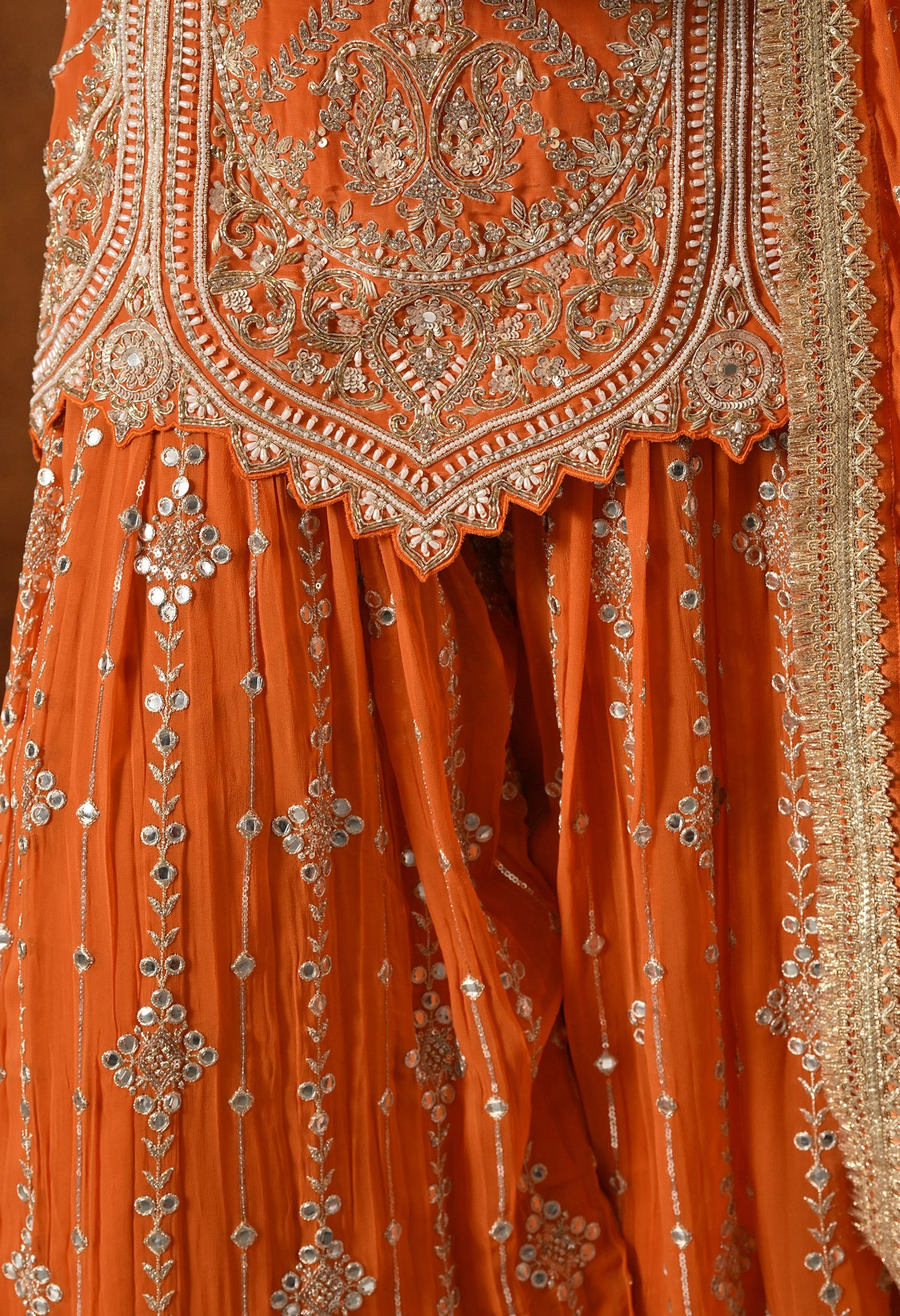 Orange Zardozi, Mirror & Pearl Embellished Gharara Set