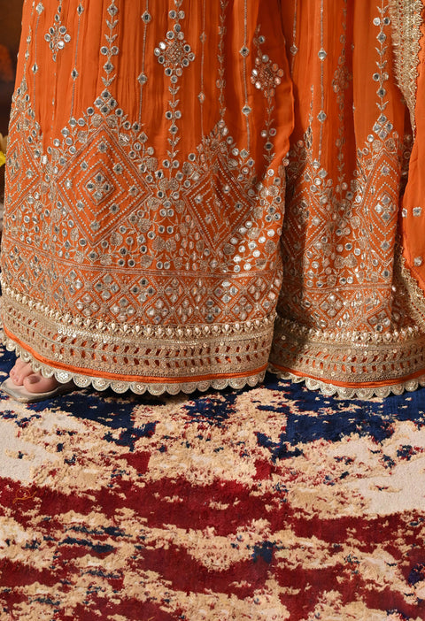 Orange Zardozi, Mirror & Pearl Embellished Gharara Set