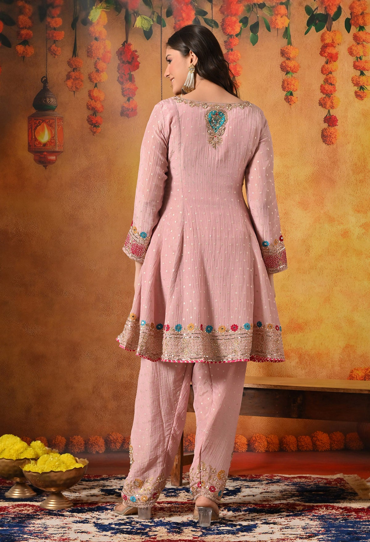 Onion Pink Zardozi Embroidered Banarasi Crushed Tissue Kurta Set with Farshi Salwar