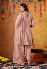 Onion Pink Zardozi Embroidered Banarasi Crushed Tissue Kurta Set with Farshi Salwar