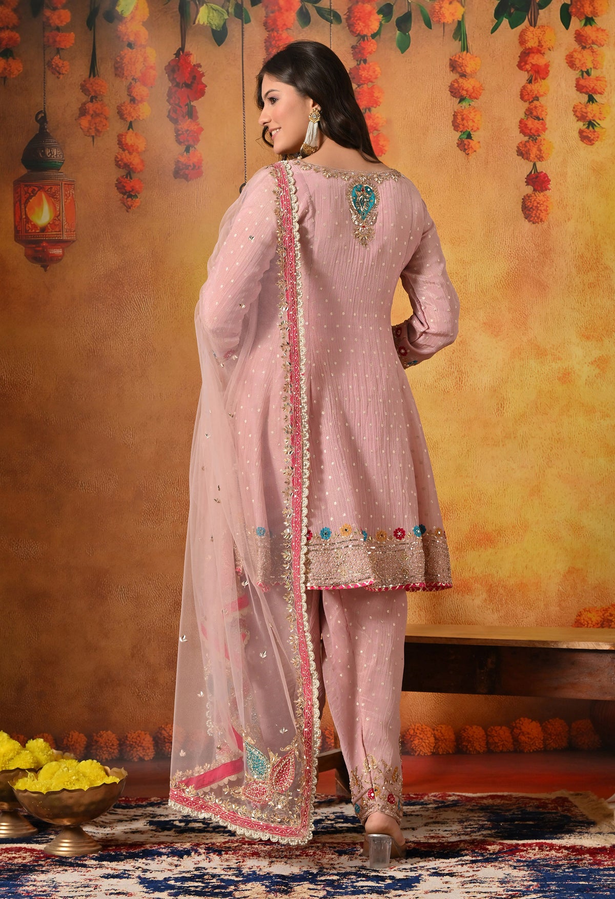 Onion Pink Zardozi Embroidered Banarasi Crushed Tissue Kurta Set with Farshi Salwar