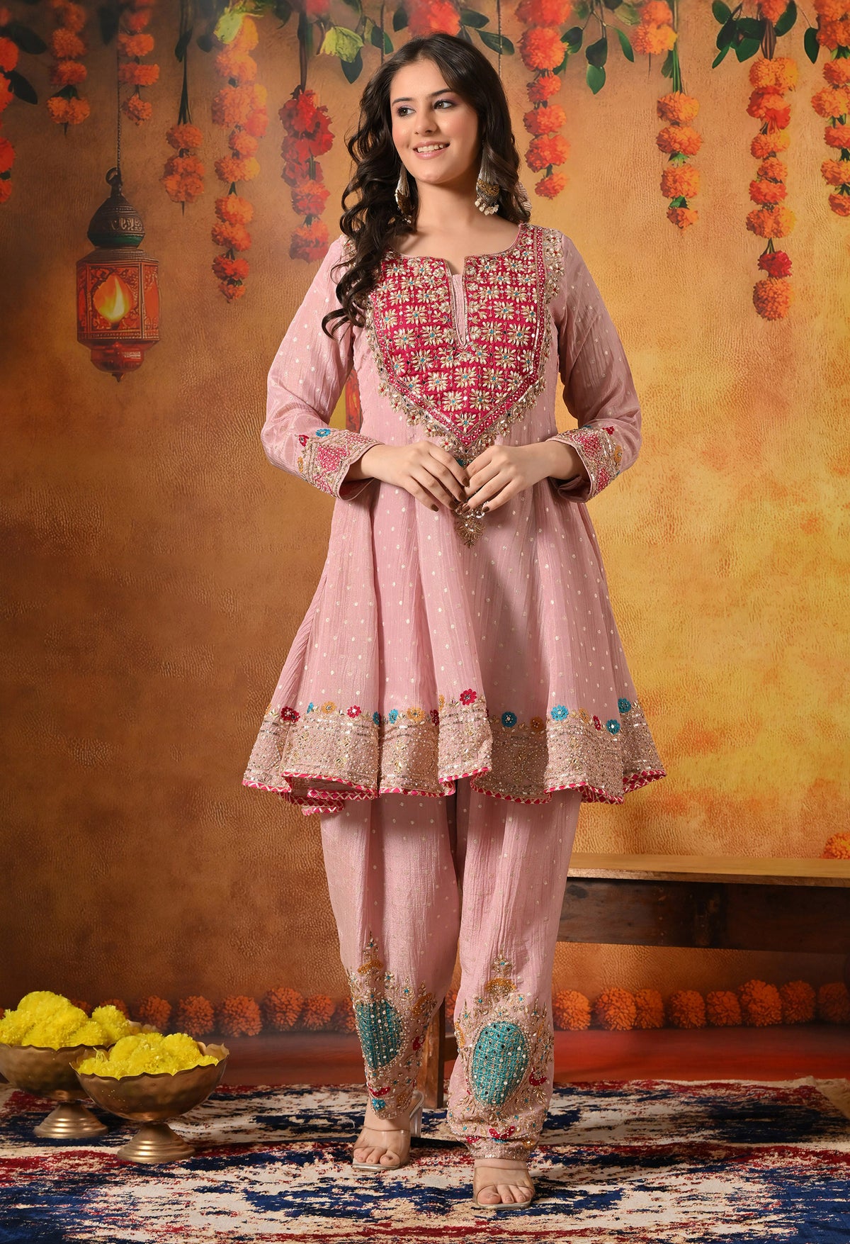 Onion Pink Zardozi Embroidered Banarasi Crushed Tissue Kurta Set with Farshi Salwar