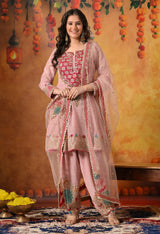 Onion Pink Zardozi Embroidered Banarasi Crushed Tissue Kurta Set with Farshi Salwar