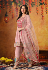 Onion Pink Zardozi Embroidered Banarasi Crushed Tissue Kurta Set with Farshi Salwar