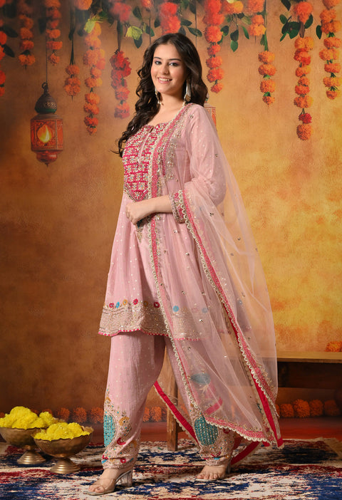 Onion Pink Zardozi Embroidered Banarasi Crushed Tissue Kurta Set with Farshi Salwar