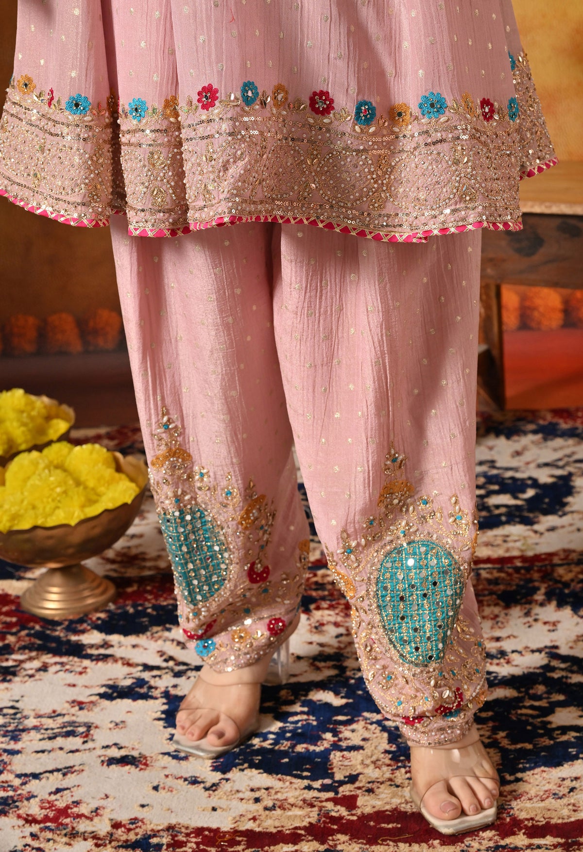Onion Pink Zardozi Embroidered Banarasi Crushed Tissue Kurta Set with Farshi Salwar