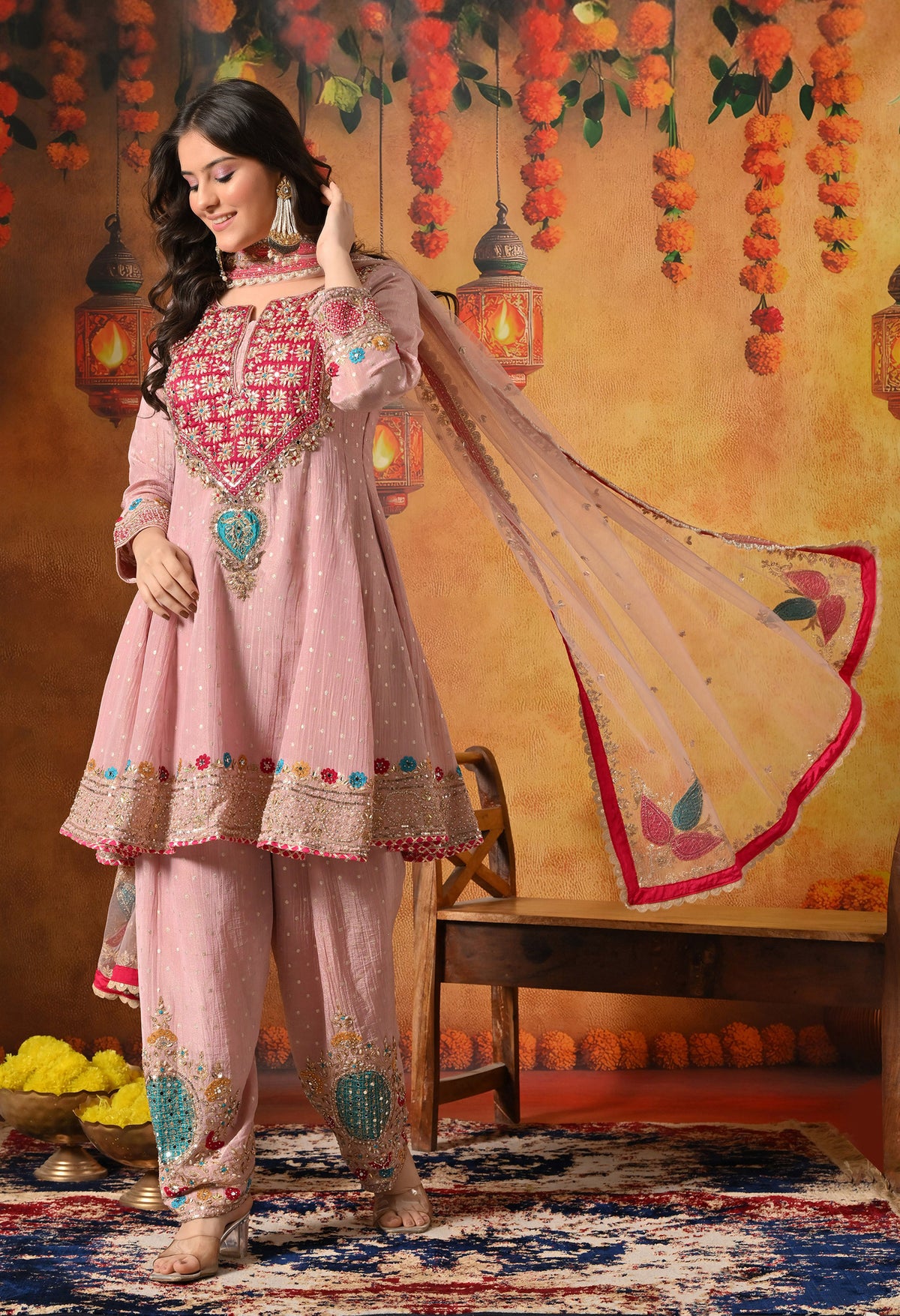 Onion Pink Zardozi Embroidered Banarasi Crushed Tissue Kurta Set with Farshi Salwar