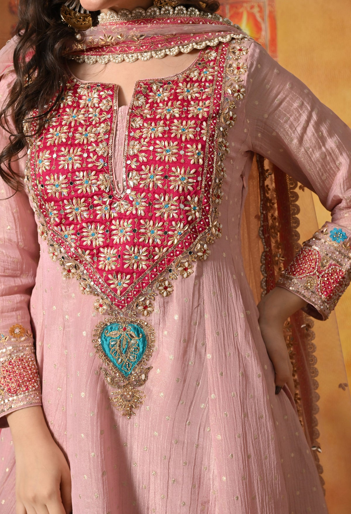 Onion Pink Zardozi Embroidered Banarasi Crushed Tissue Kurta Set with Farshi Salwar