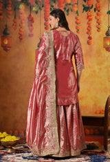 Golden Pink Zardozi Embroidered Tissue Silk Gharara